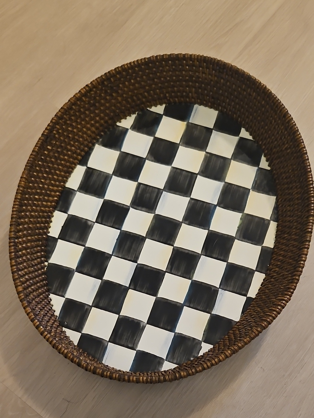 Woven Brown Rattan Tray with Black & White Checkerboard Base